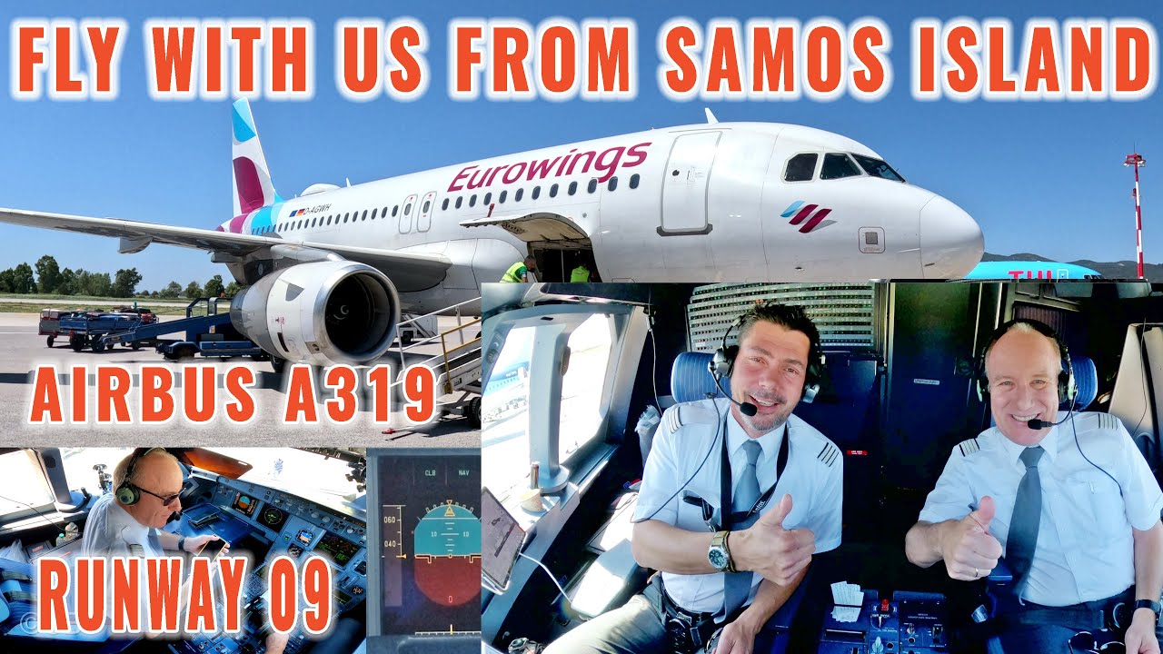 САМОС 🇬🇷 (SMI) | Потрясающий визуальный взлёт над островом с ВПП 09 | Кабина Airbus 319 + пилоты