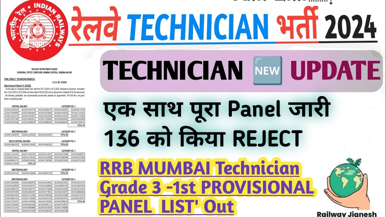 RRB TECHNICIAN GRADE 3 PANEL / RAILWAY TECHNICIAN PANEL LIST'/ RRB MUMBAI TECHNICIAN GRADE 3 PANEL