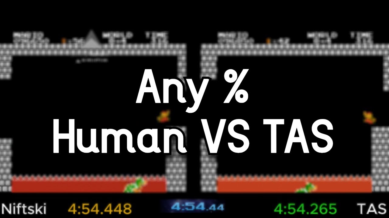 Сравнение мировых рекордов Super Mario Bros Any% Niftski и TAS