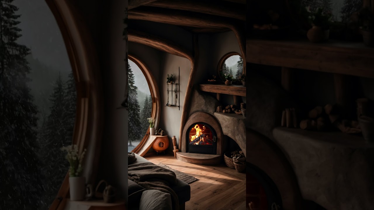 Cozy Winter Hobbit Cabin with Crackling Fireplace 