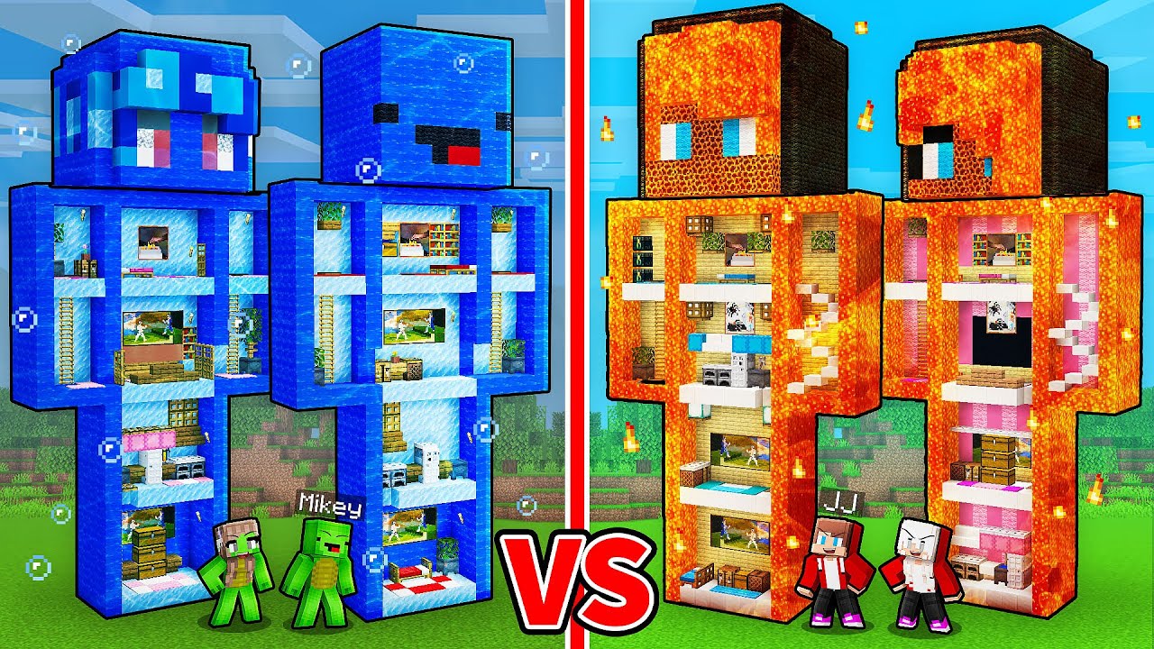 JJ and Mikey: Elemental Statue Family Battle in Minecraft - Maizen