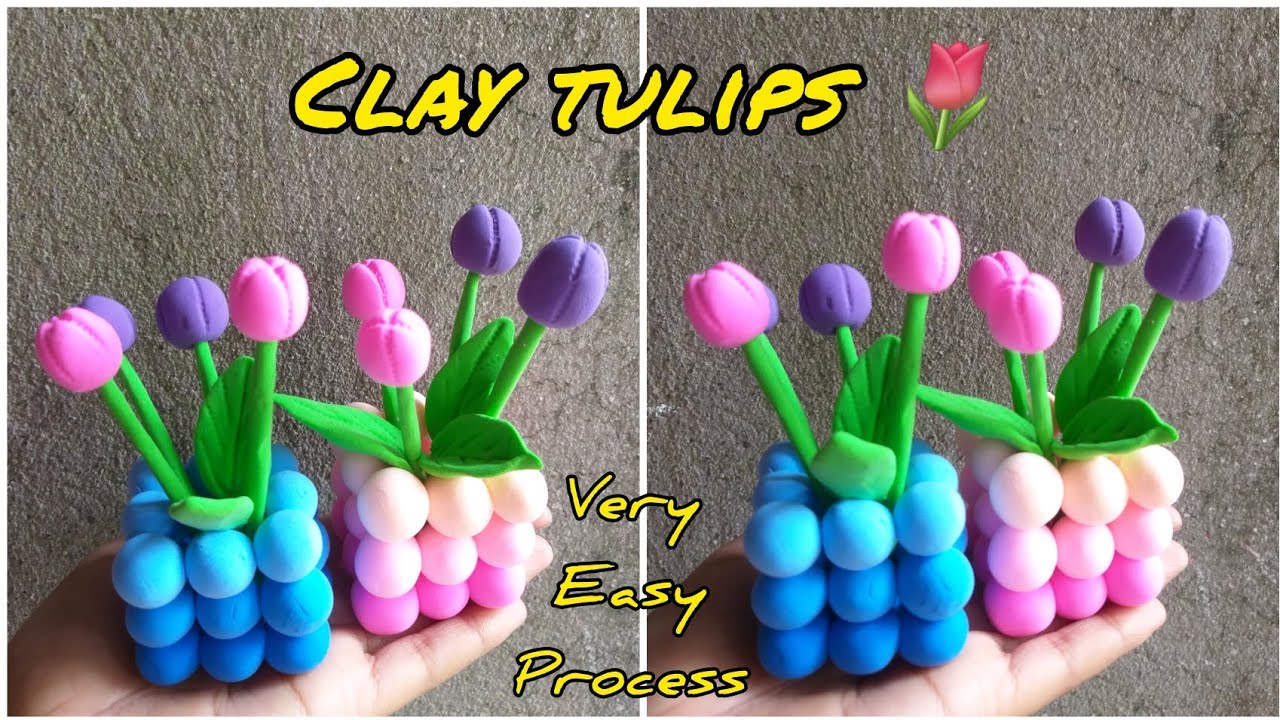 How to make clay flower showpiece 🌷|| clay flower making || clay se tulip flower|| clay showpiece 🌷