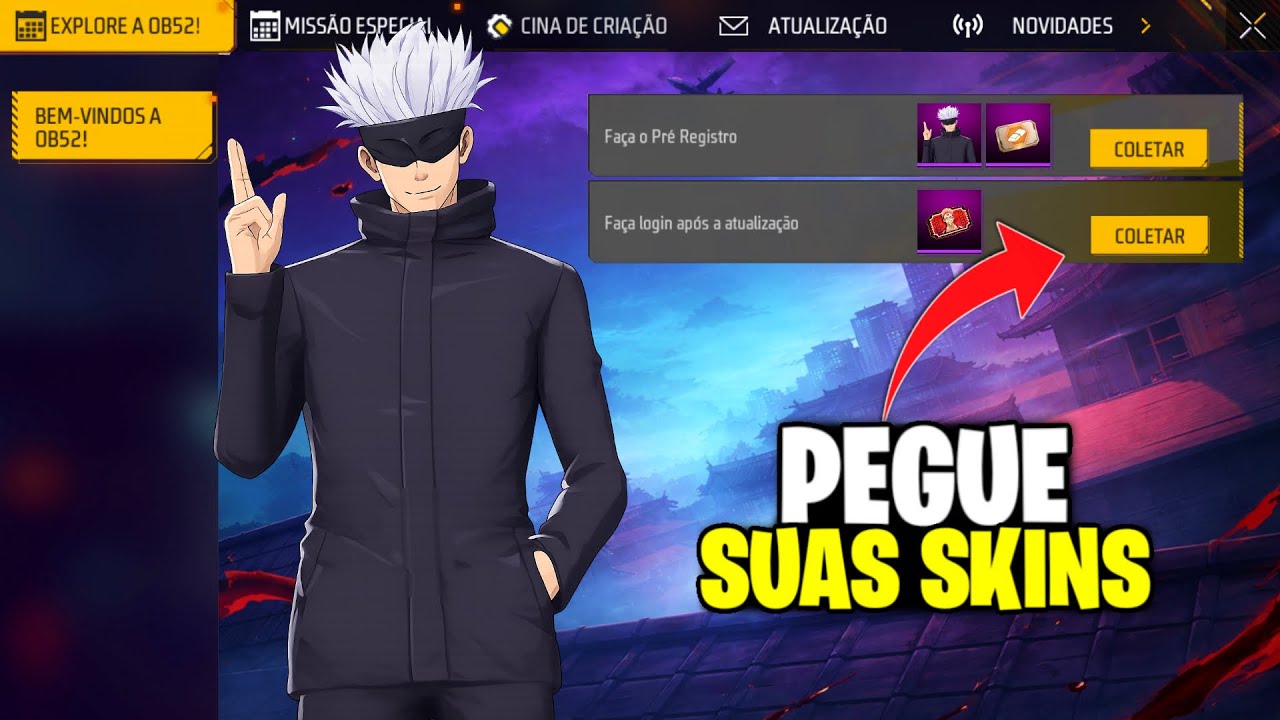 CHEGOU A HORA! PEGUE SKINS GRÁTIS, ITADORI, GOJO E ASA DELTA NO FREE FIRE