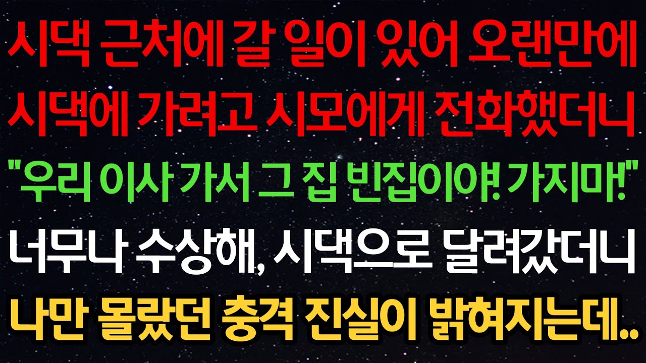 실화사연-시댁 근처에 갈 일이 있어 오랜만에 시댁에 가려고 시모에게 전화했더니 “우리 이사 가서 빈집이야! 가지마!“ 너무 수상해 시댁으로 달려갔더니 나만 몰랐던 진실이 밝혀지는데