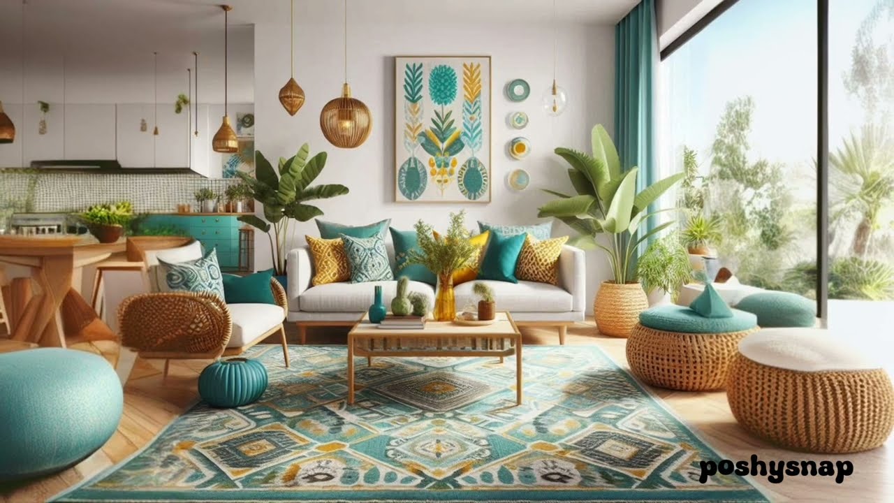 Scandi-boho interior design in turquoise and yellow..