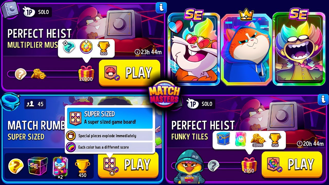 Multiplier Mushrooms Solo Perfect Heist/ Funky Tiles Perfect Heist/ 45 players Rumble Super Sized