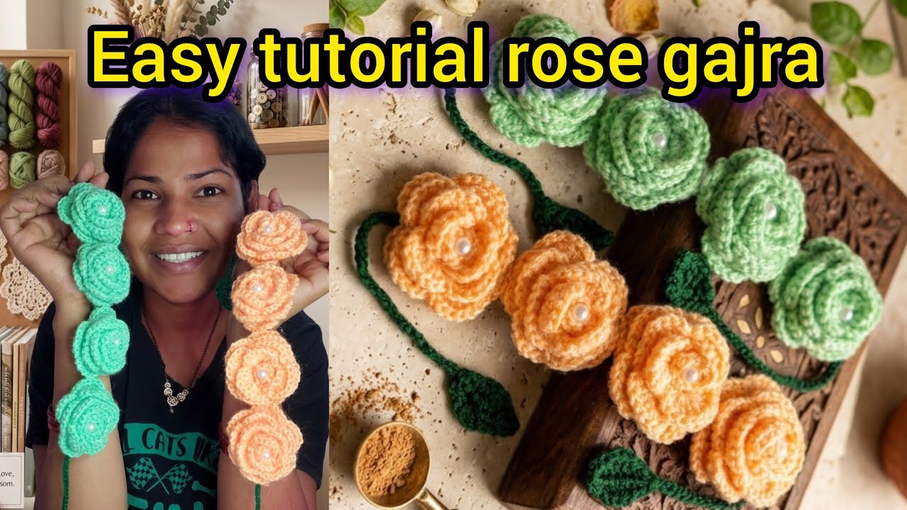 Easy tutorial rose 🌹 gajra making for beginners, beautiful crochet rose gajra tutorial, viral rose 