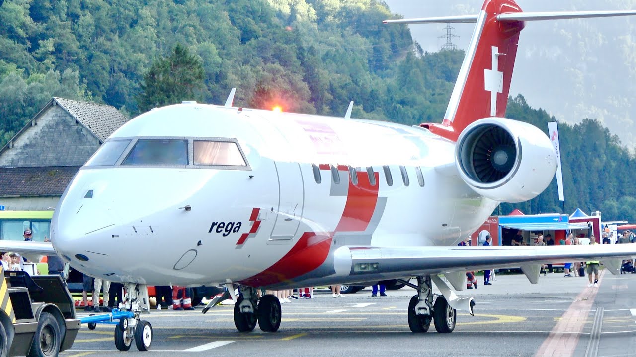 (4K) VERY CLOSE! REGA Ambulance Bombardier 650 (HB-JWA) Arrival and Departure at Mollis Zigairmeet!