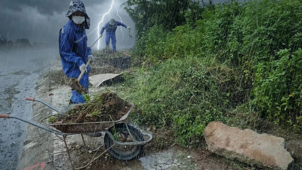 It was a terrifying, dreadful day as we cleaned the sidewalks in heavy rain and strong winds.