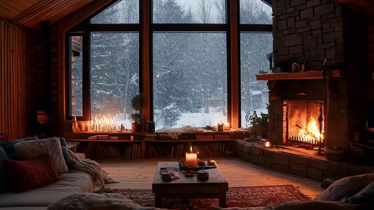 Calm Jazz | Cozy Snowfall Night in a Cabin with Fireplace Light and Relaxing Jazz