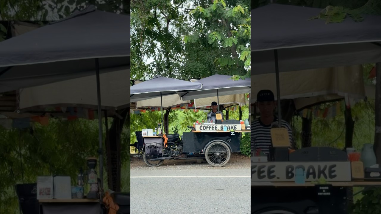 Barista brews from creative coffee bike Minimal setup big flavor mobile caf&eacute; inspiration #CoffeeBike
