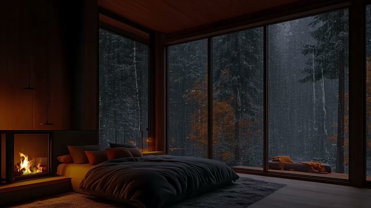Heavy Rain Sound and Fireplace in a Forest Cabin Room for Deep Sleep and Anxiety Relief