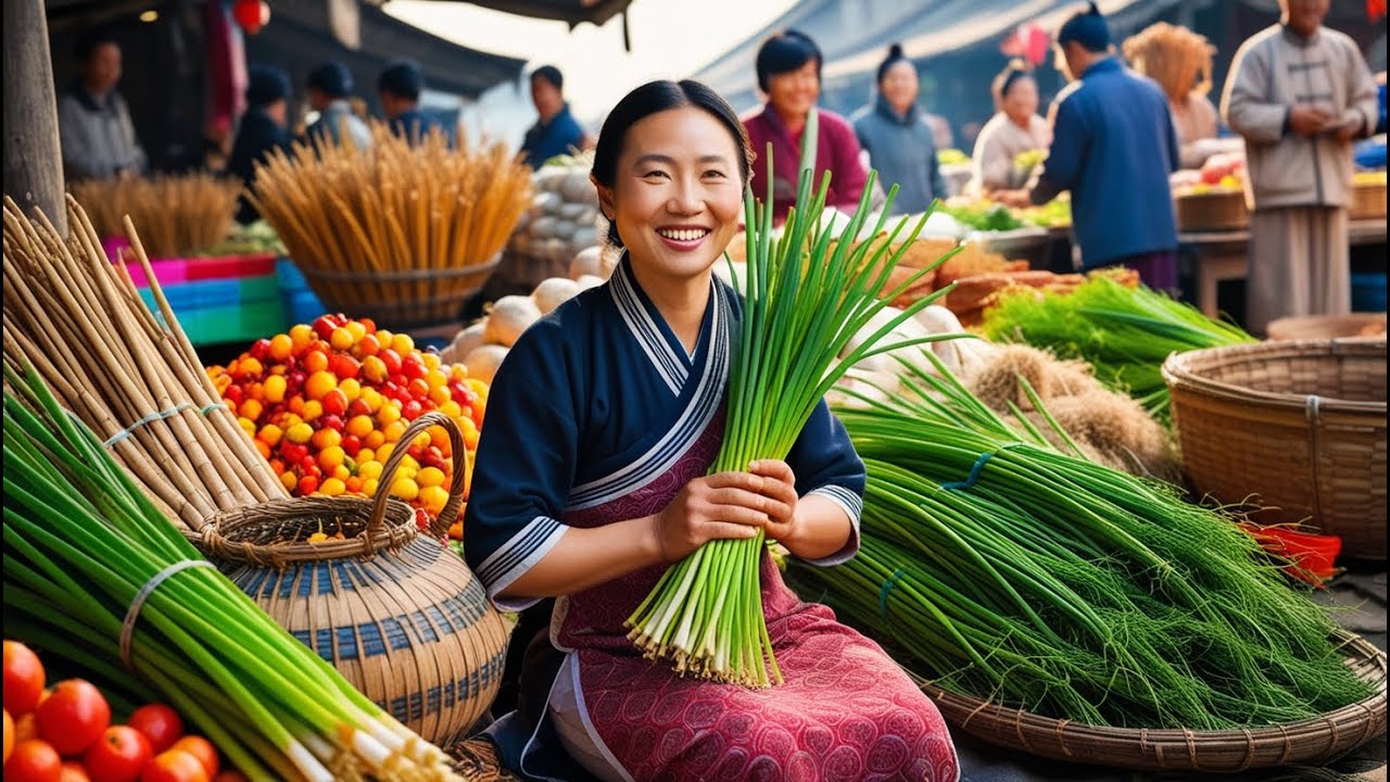 Harvesting Wild Chives from Lowlands | Village Girl&rsquo;s Market Day in Rural China