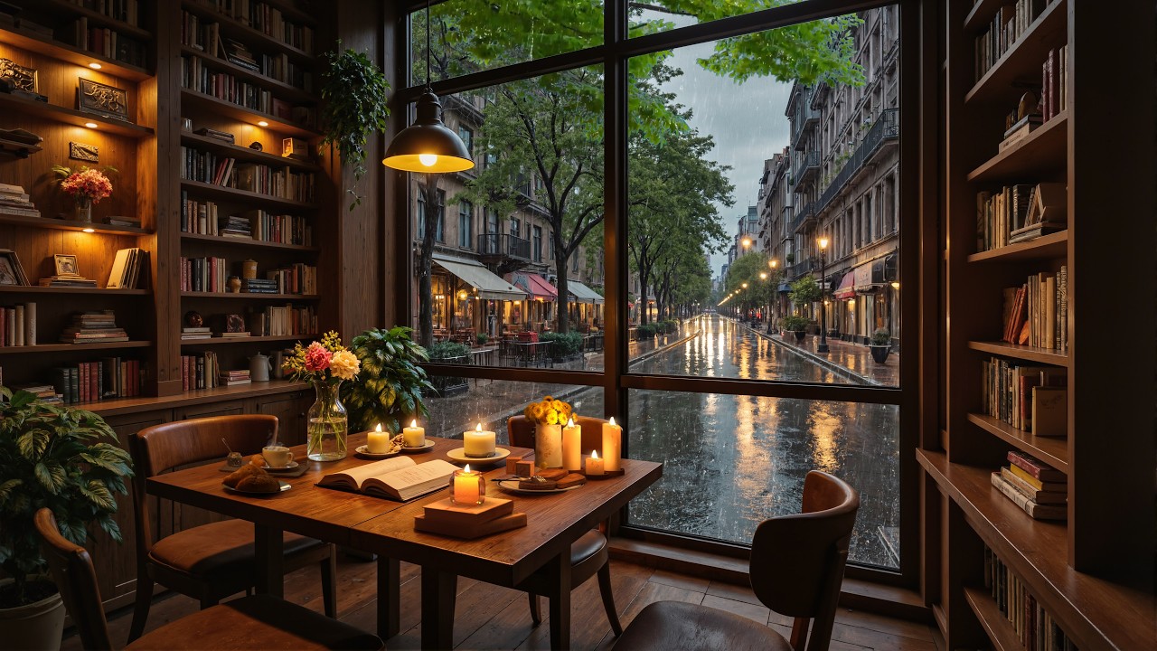 Rainy Street Café Jazz in a Cozy Library for Study and Relaxation 🌧️📚