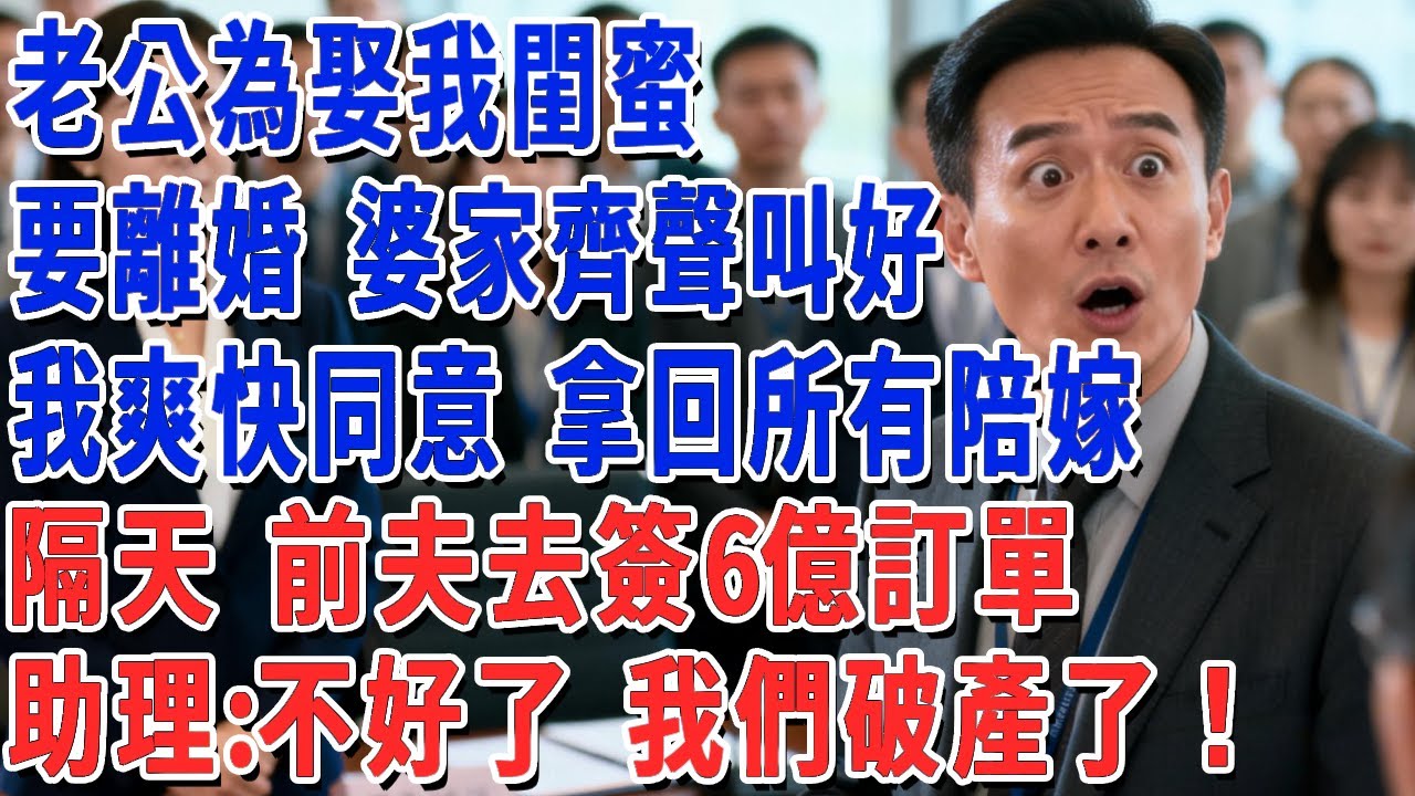 老公為娶我閨蜜，要離婚 婆家齊聲叫好，我爽快同意 拿回所有陪嫁，隔天 前夫去簽6億訂單，助理：不好了 我們破產了！#妮妮故事會 #情感故事 #老年生活