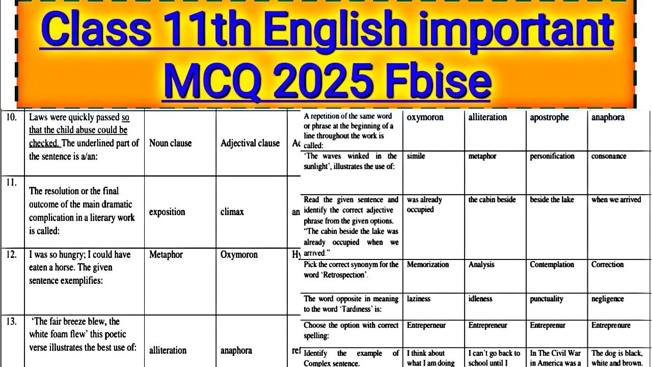 Class 11th English McQ 2025 Fbise | 11th class important Objective 2025 | Fbise 2025 English