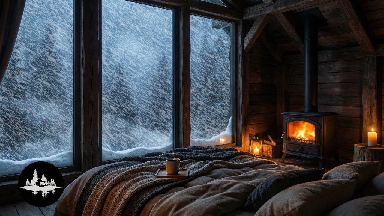 Cozy Bedroom in a Snowstorm | 1 Hour Howling Wind & Fireplace Sounds for Deep Relaxation