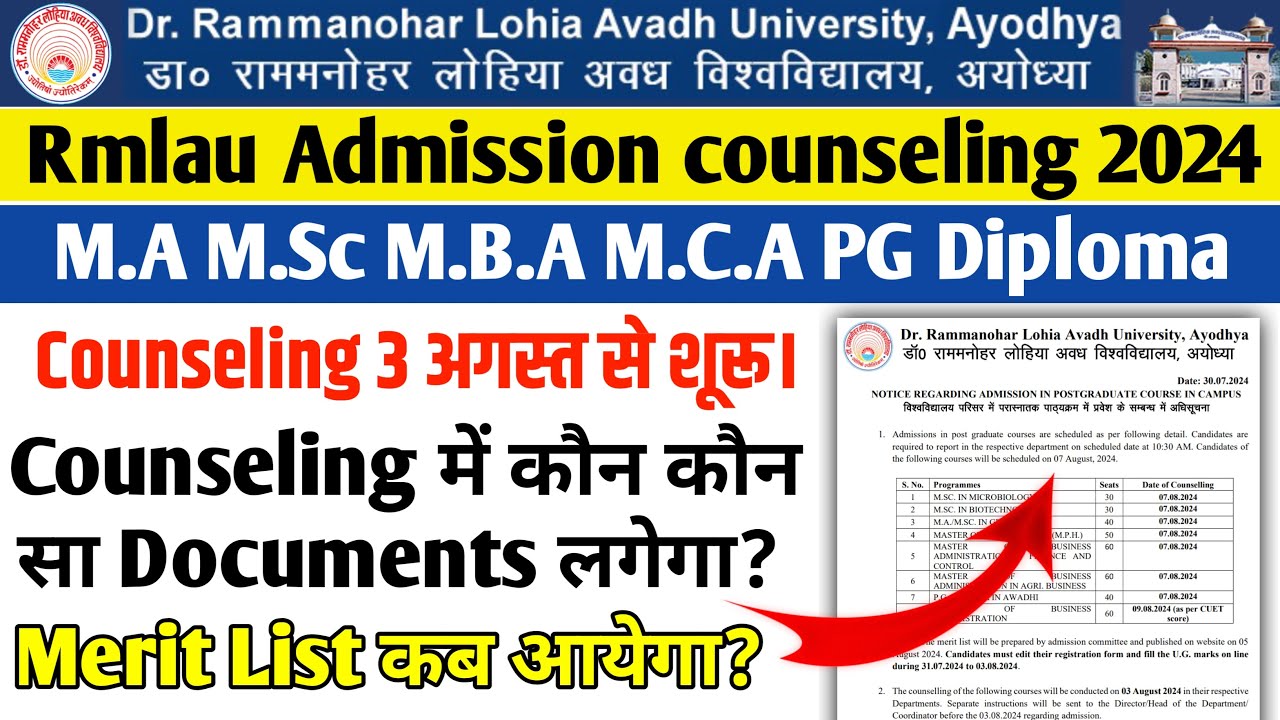 Rmlau admission 2024 Rmlau Ma Msc Counseling Date 2024 Rmlau admission counseling date 2024 जारी।