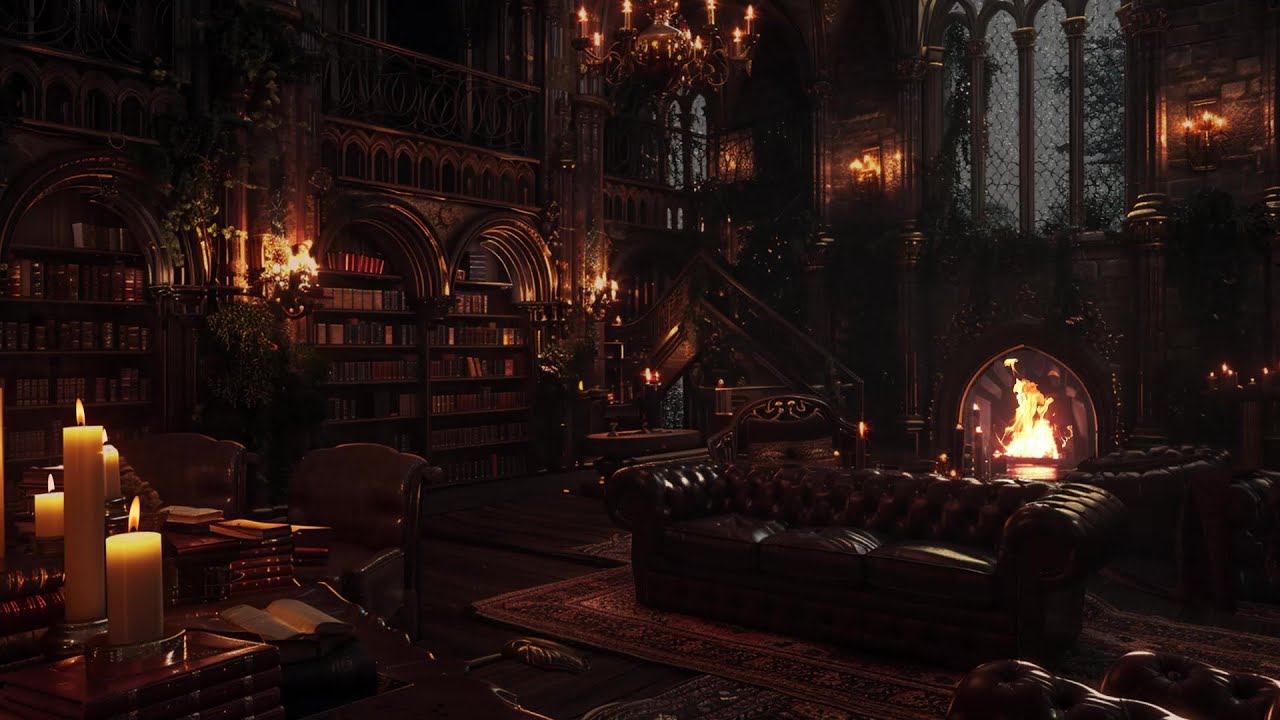 Heavy Night Rain Falling by the Castle Window | Gentle Thunder, the Fireplace Help You Sleep Deeply