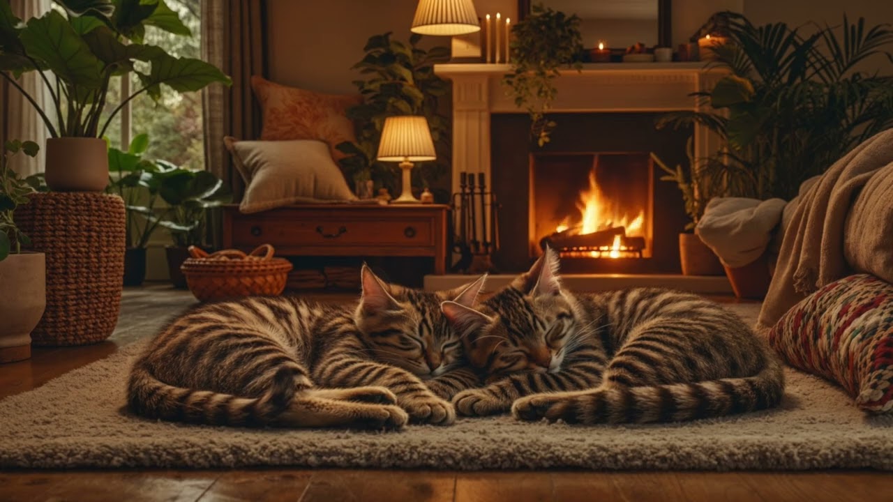 The Ultimate Cozy Fireplace & Sleeping Cats |  Hours of Relaxation