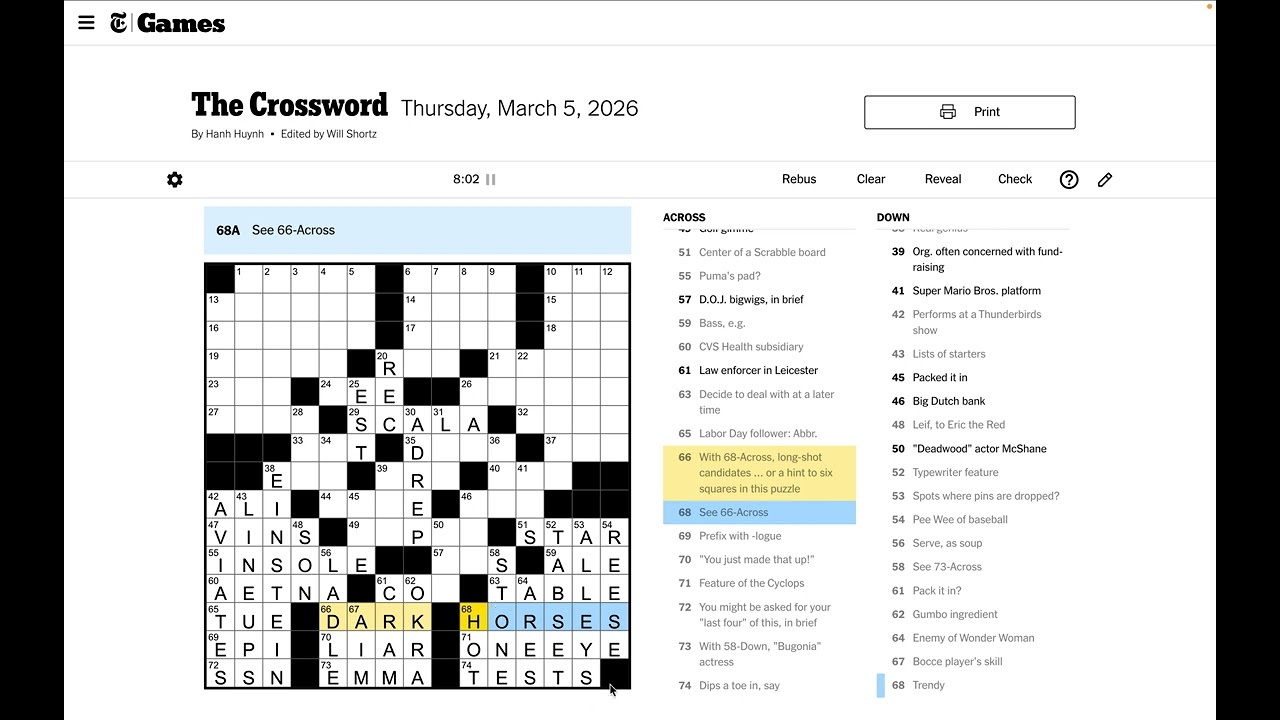 New York Times Crossword Solve - Thursday Mar 5 2026