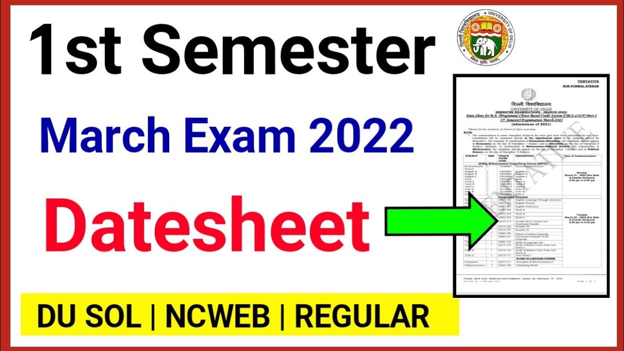 DU SOL First Semester Exam Datesheet Released of March 2022 | SOL 1st Semester Exam 2022