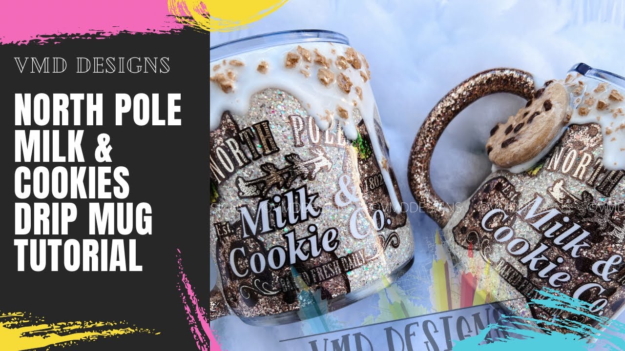 CHRISTMAS Milk and Cookies Glitter Drip Mug with Faux Chocolate Chip Cookie and Cookie Crumbles