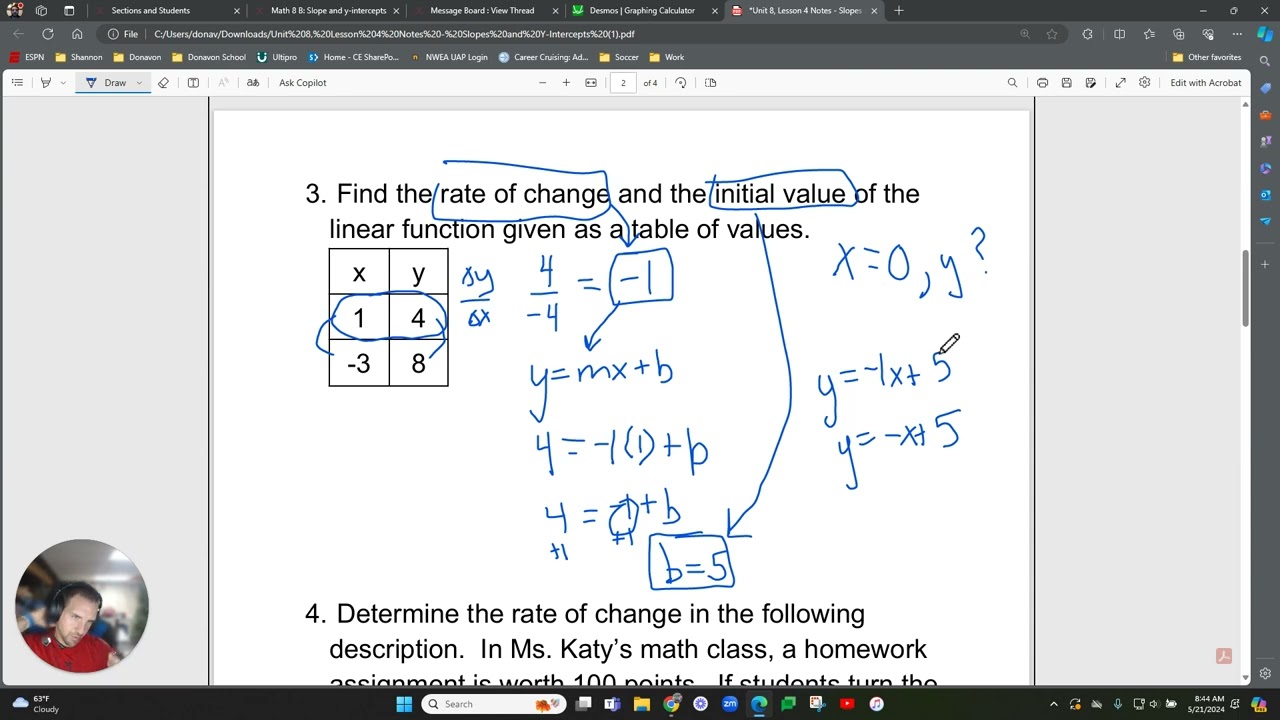 Unit 8, Lesson 4 Notes   Slopes and Y Intercepts