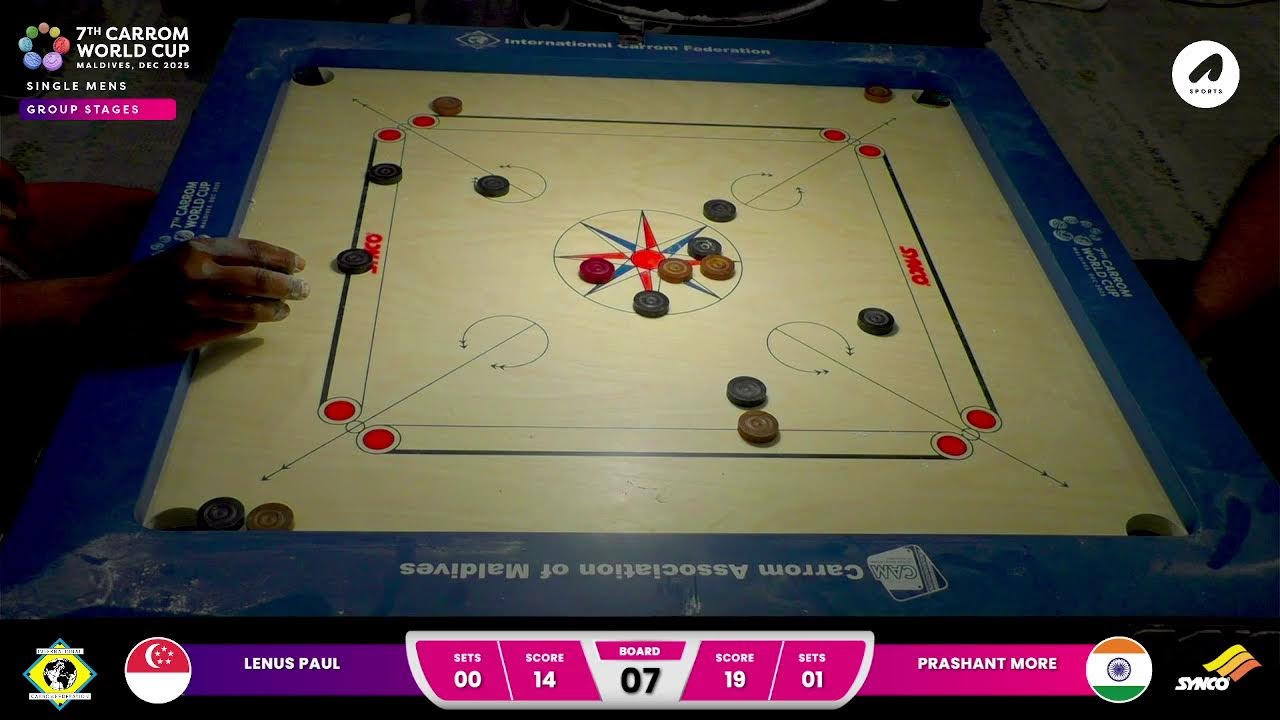 MENS SINGLE PRE-QAUTER FINAL ROUND5|LENUS PAUL(SGP)vsPRASHANT MORE(IND) || 7th Carrom World Cup 2025