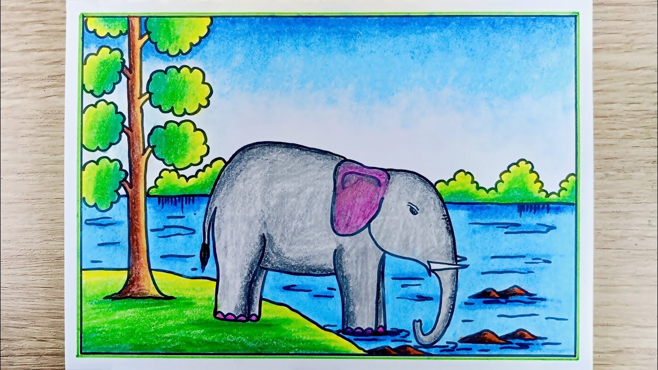 Elephant Drawing | Elephant scenery drawing | How to draw an Elephant in forest | Elephant scenery