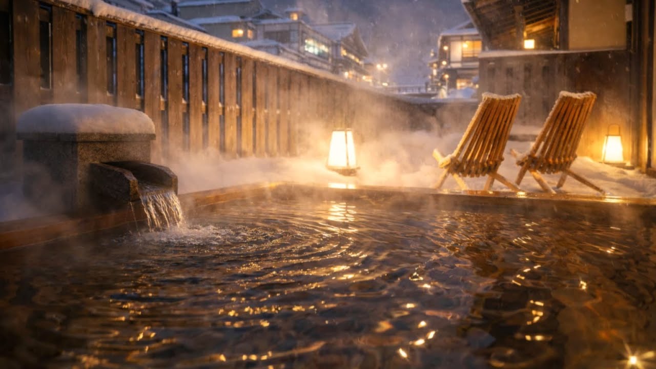 【環境音ASMR】雪降る露天風呂。湯けむりと水の音で眠る1.5時間 - Snow Onsen Ambience Japan for Sleep & Study