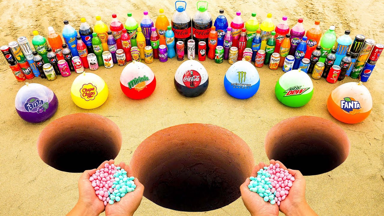 Big Balloons of Coca-Cola, Fanta, Chupa Chups, Mirinda, Monster vs Mentos in three holes Underground