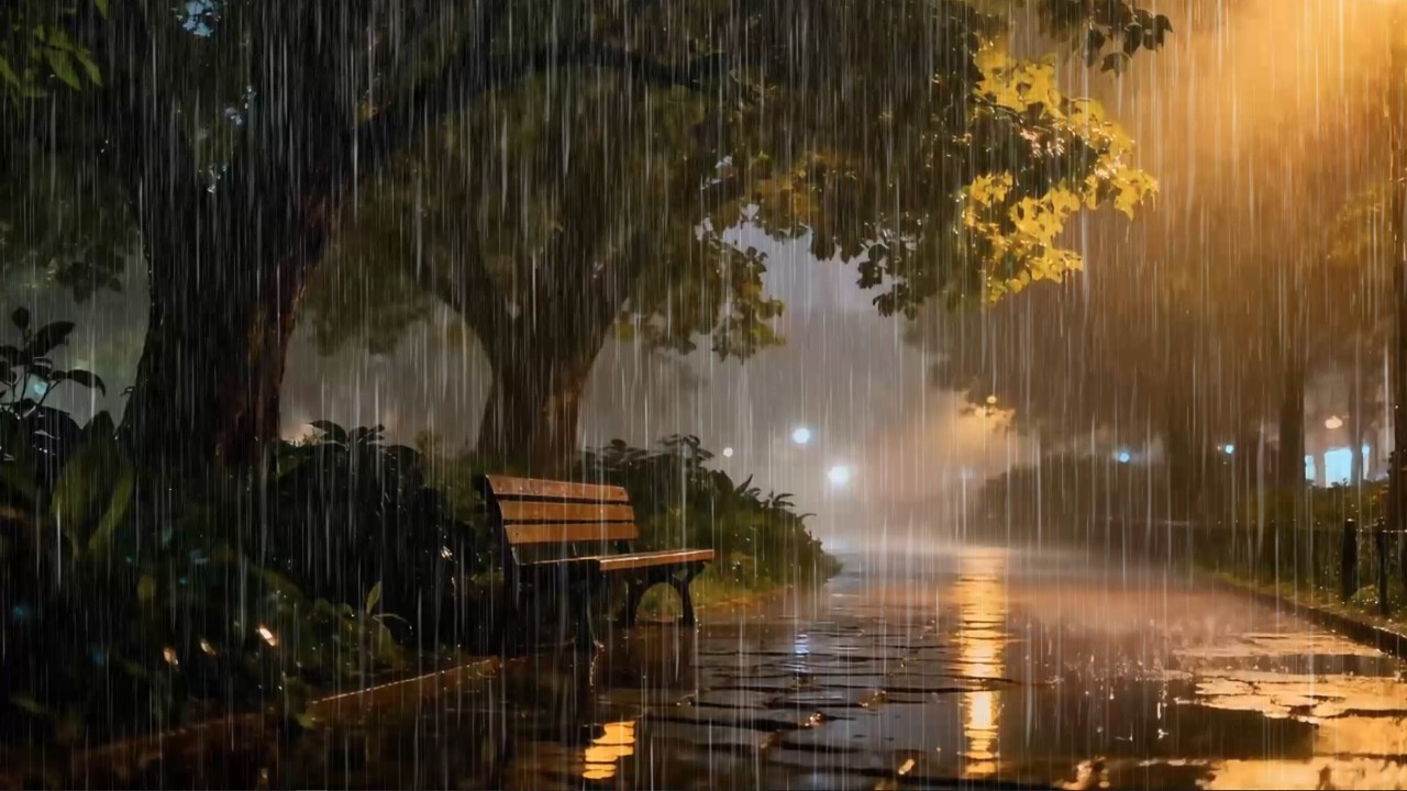 Heavy Rain Sounds at Night by Secluded City Park Sidewalk for Deep Sleep | Steady No Thunder ASMR