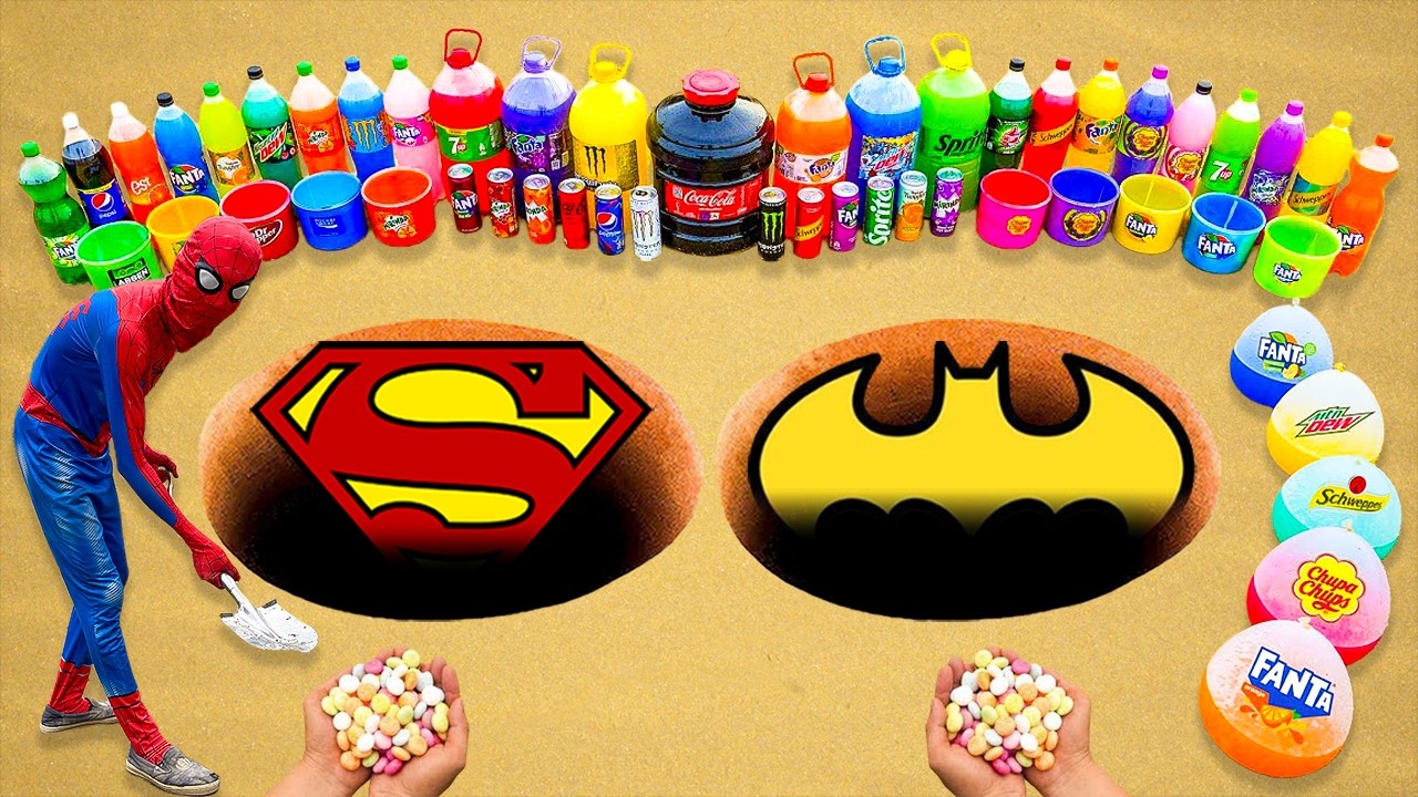 Гигантское извержение зубной пасты в яме «Супермен против Бэтмена» | Гигантские Sprite, Fanta и C...