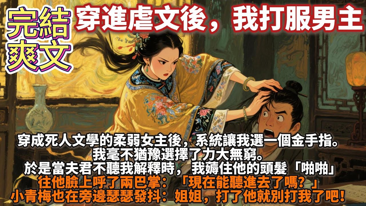 完結草率爽文：穿進虐文後，我打服男主。穿成死人文學的柔弱女主後，系統讓我選一個金手指。 我毫不猶豫選擇了力大無窮。 於是當夫君不聽我解釋時，我薅住他的頭髮「啪啪」往他臉上呼了兩巴掌：現在能聽進去了嗎？