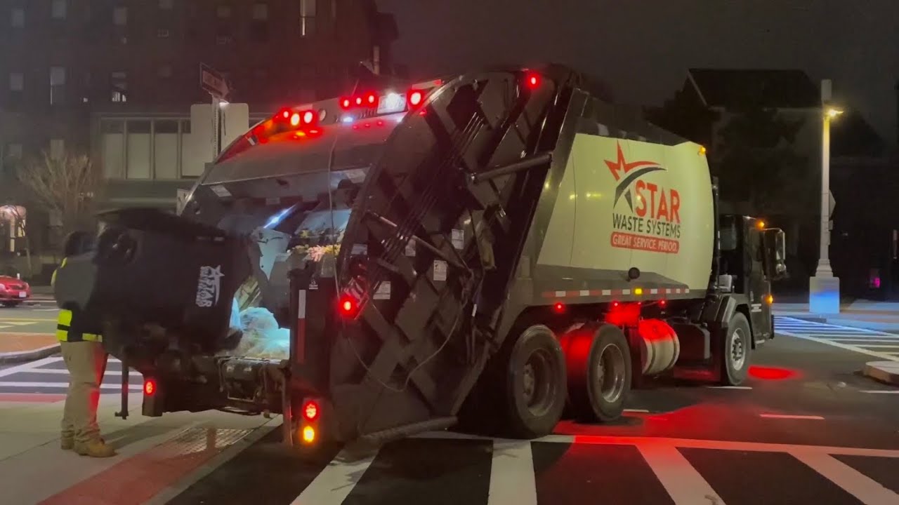 Star Waste’s New CCC McNeilus Rearloader on Downtown Boston Trash at Night