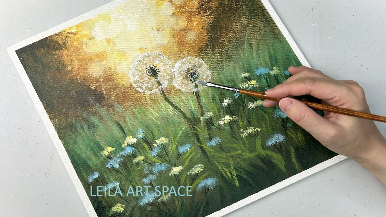 Easy Dandelion Acrylic Painting, Bokeh Background Acrylic Painting
