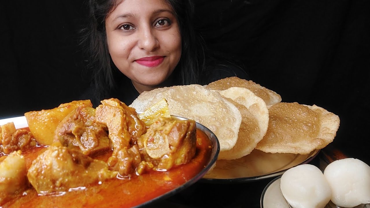 Eating Show - Luchi /Poori with Spicy 🔥Mutton Curry, rusgulla | poulamieatingshow #eatingshow #food
