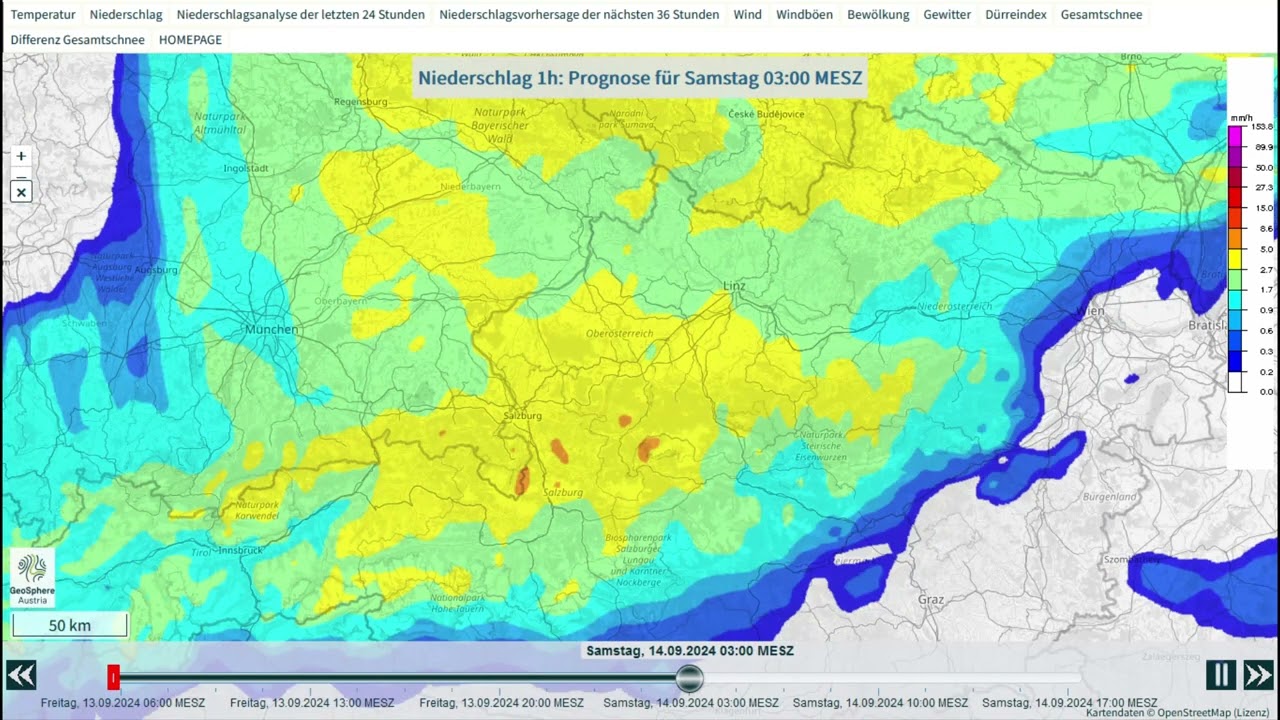 GeoSphere Austria - INCA Regenprognose von 13.09. 8 Uhr - 14.09. 17 Uhr