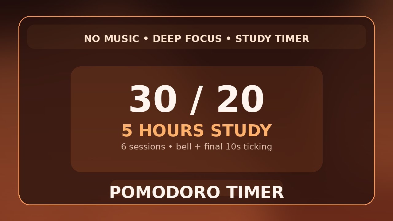 30 / 20 Pomodoro Timer - 5 hours study || No music - Study for dreams - Deep focus - Study timer