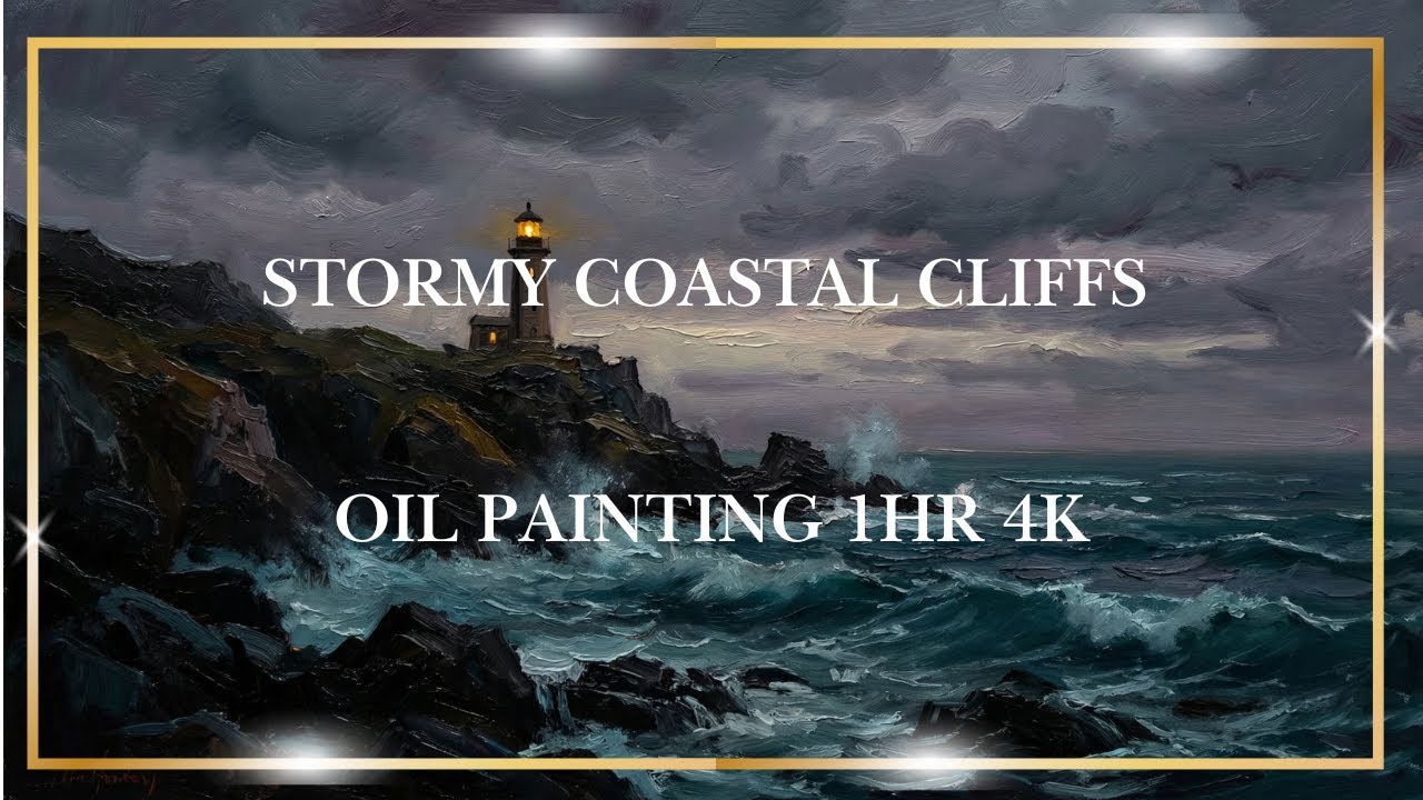 Stormy Coastal Cliffs Oil Painting 4K (1HR) – Lighthouse & Rough Seas | Moody TV Art