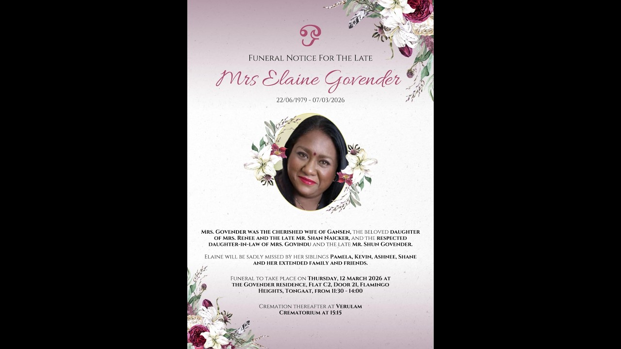 Funeral Service of the Late Mrs Elaine Govender
