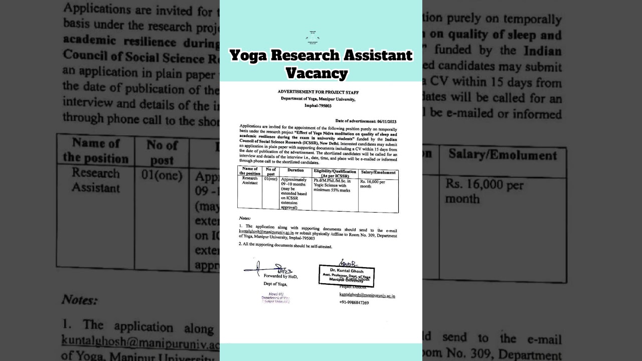 Yoga Research Assistant Vacancy 
