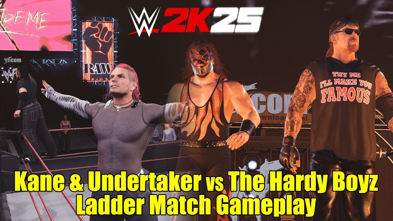 WWE 2K25 Кейн и Гробовщик против Братьев Харди — геймплей матча с лестницами