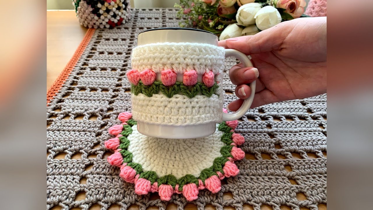 غطاء كوب كروشيه بغرزة زهرة التوليب _ crochet tulip flower  stitch mug cover