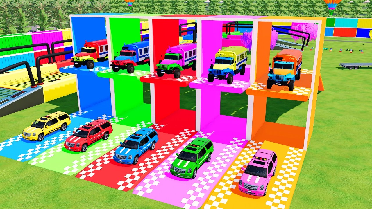Garage with Colors - ALL POLICE TRUCKS WITH ARMORED TRAILER HAULER, KENWORTH, PETERBILT, RENAULT.