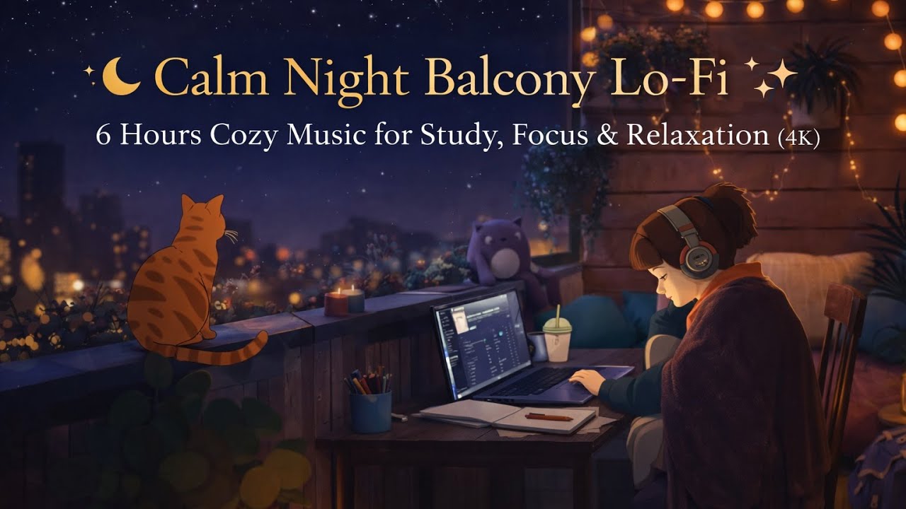 Night Lo-Fi Music for Study & Focus 🌙 | Calm Cozy Background Beats (6 Hours, 4K)
