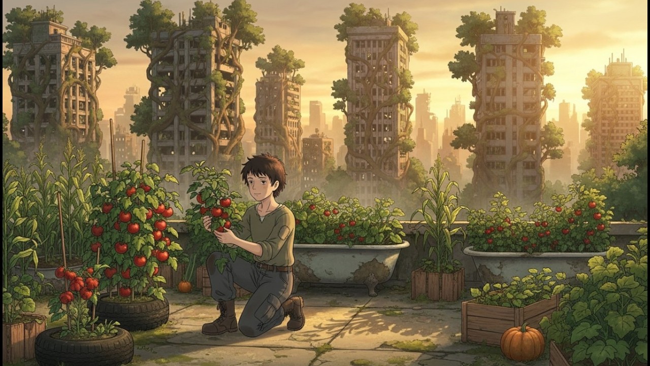 Сад на крыше в пустом городе: Мирный утренний сбор урожая | Постапокалипсис ASMR Ghibli