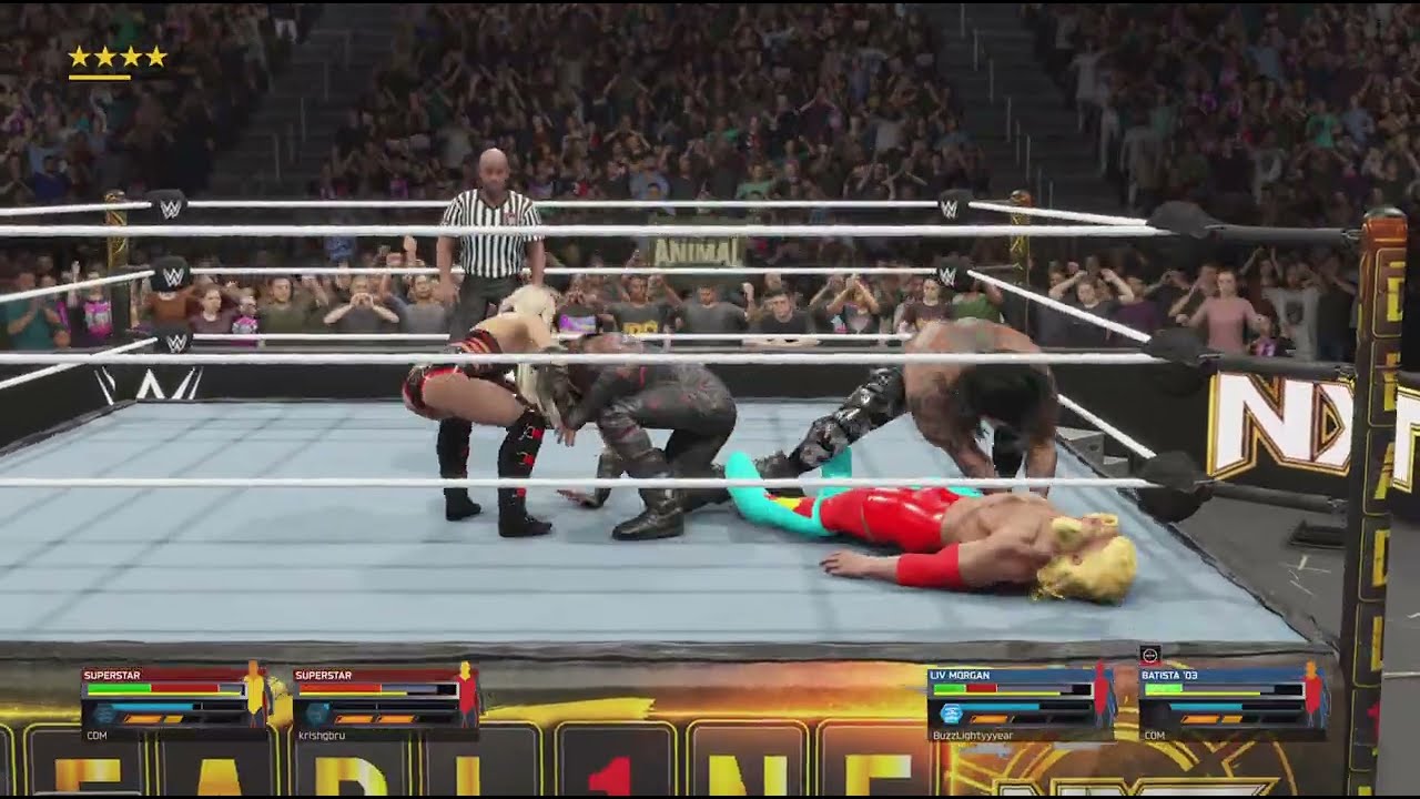 WWE 2K25 Liv Morgan and Batista vs Superstar and Superstar in a Tornado Tag Team Online