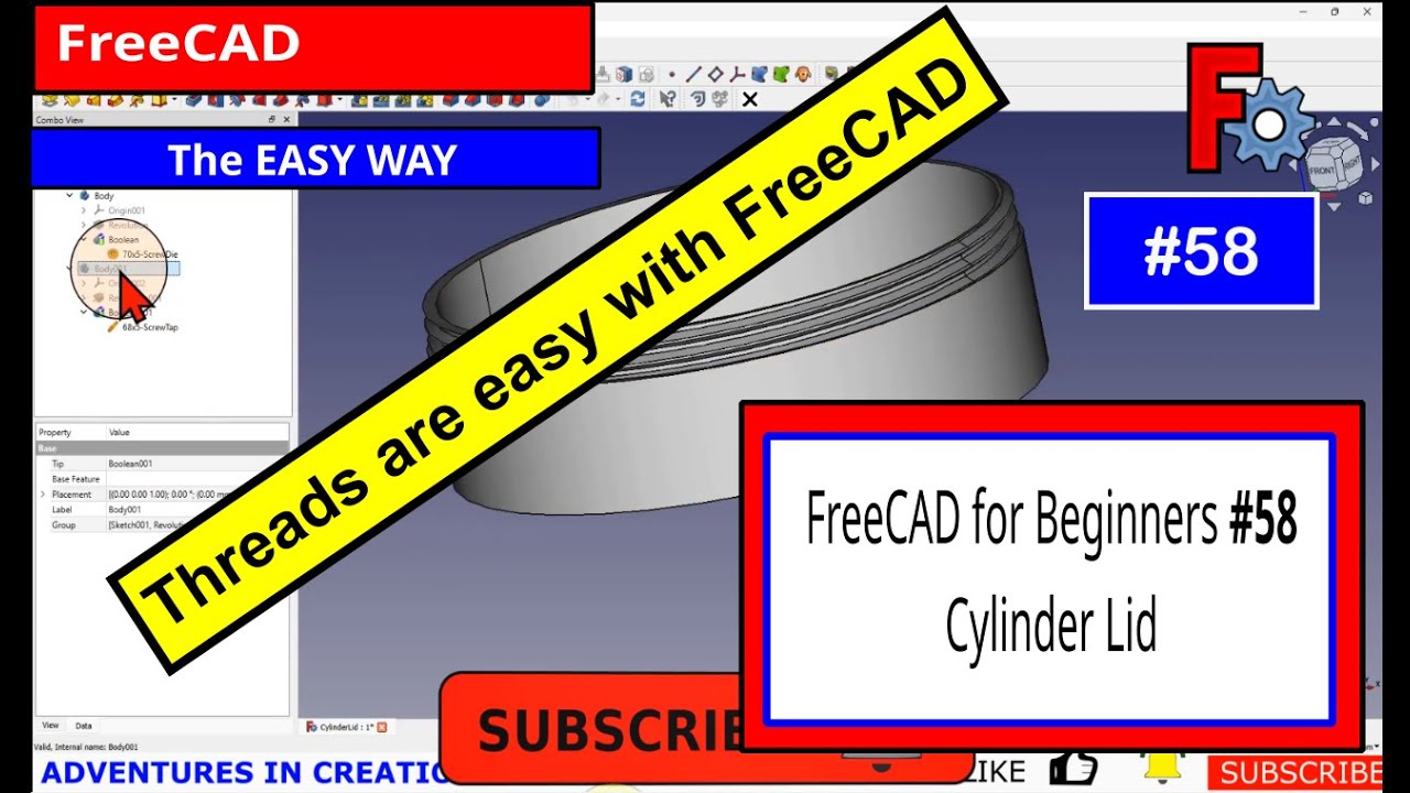FreeCAD for Beginners #58 Creating a cylinder with a screw top lid #freecad #cad #makers #design